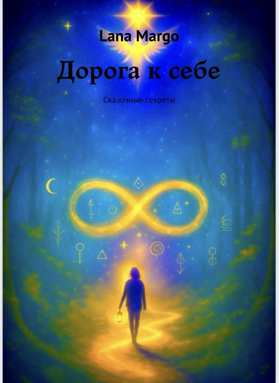 Фигура с фонарём идёт к светящемуся знаку бесконечности на обложке книги Ланы Марго «Дорога к себе. Сказочные секреты